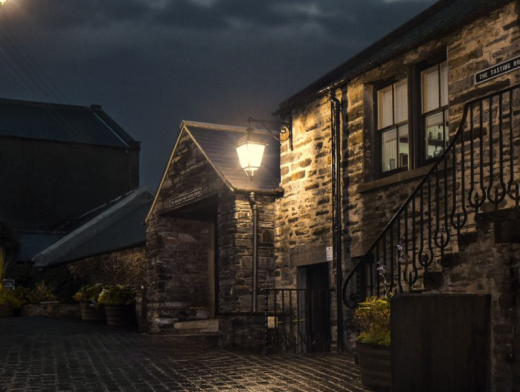Highland Park whisky distillery at night